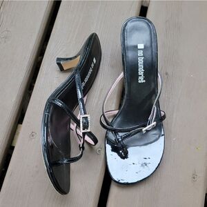 Vintage 90s Y2K Black Faux Leather Rhinestone Rachel Green Kitten Heel Sandals